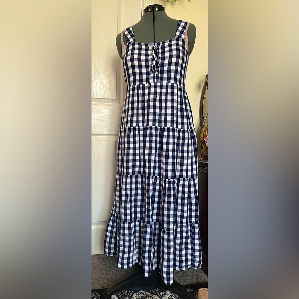 Navy Blue and White Gingham Maxi Dress